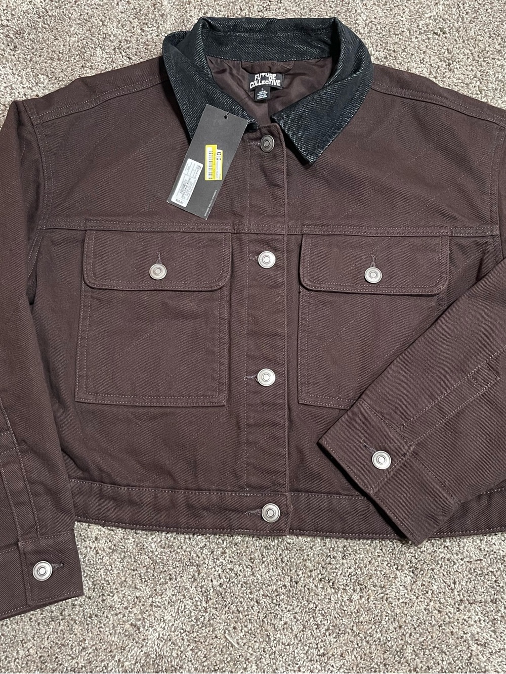Women's Dark Brown Bomber Jacket with Contrast Black Collar